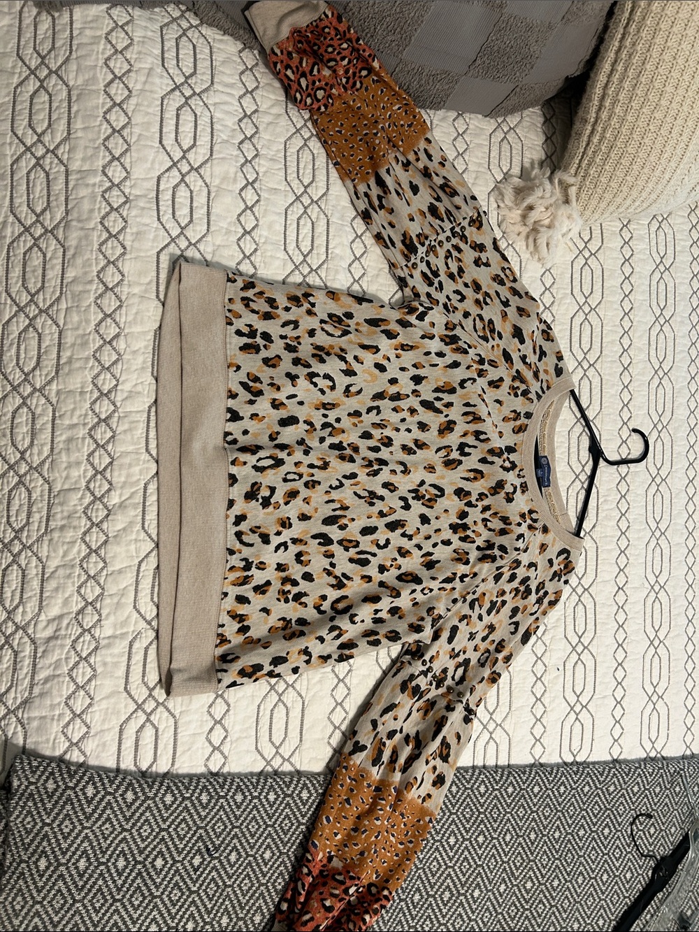 NWOT!Democracy Leopard Print Crewneck Sweater with Rust Accent Sleeves